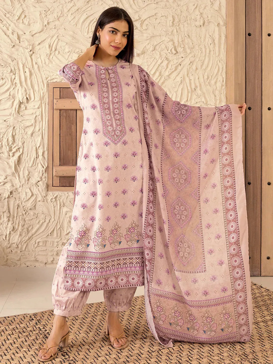 Libas Peach Printed Poly Crepe Straight Suit With Dupatta