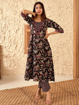 Libas Black Printed Cotton A-Line Kurta With Palazzos