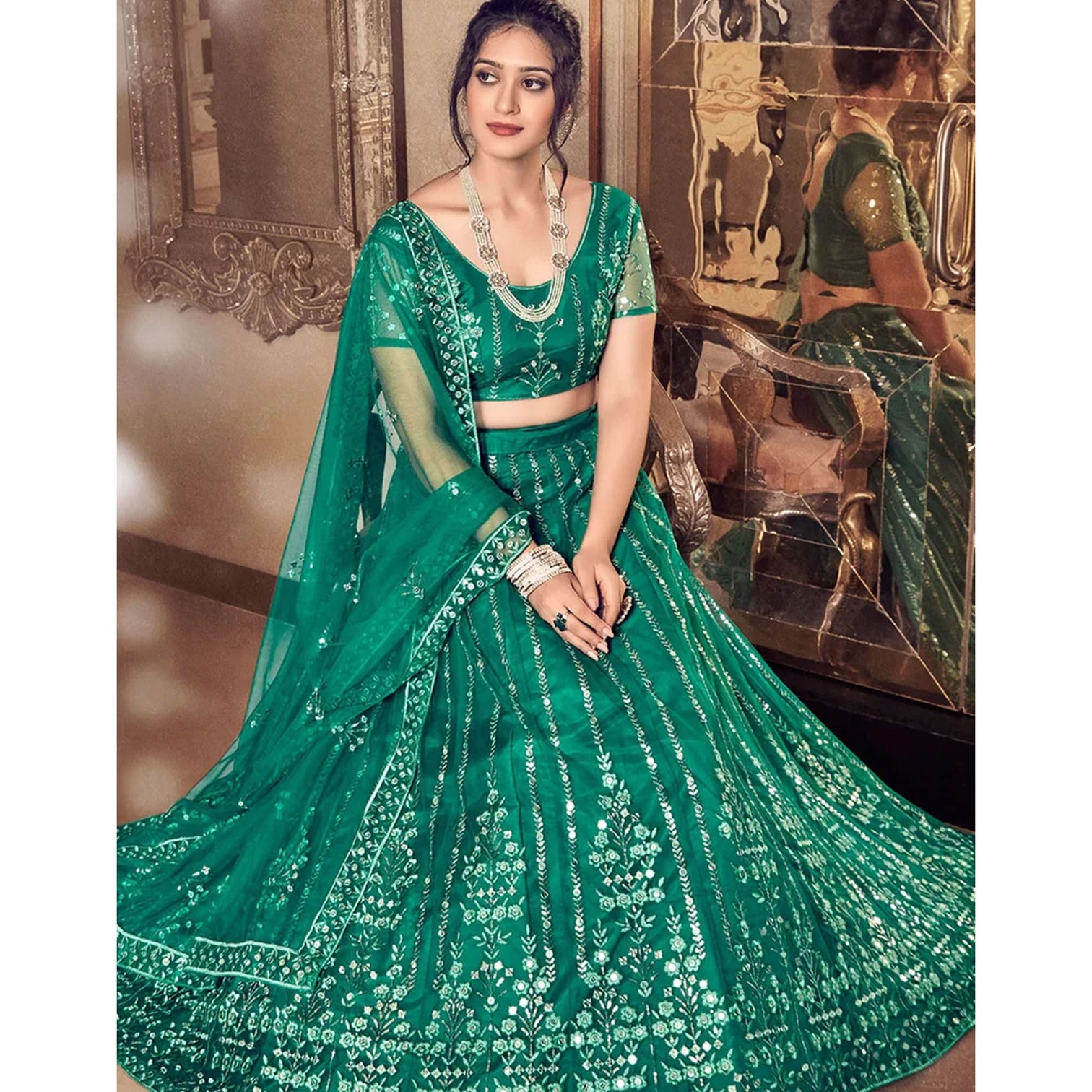 Light Rama Thread and Foil Mirror Cutwork Lehenga choli
