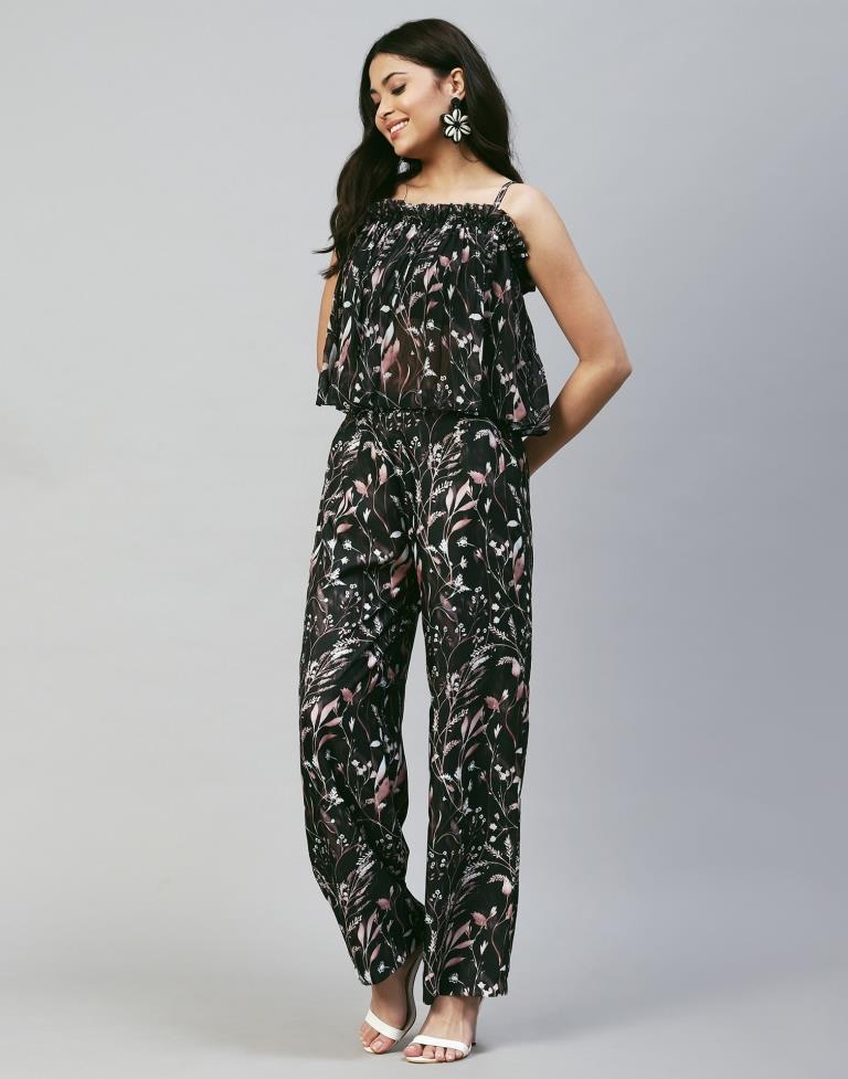 Black printed Strappy Pyjama Set