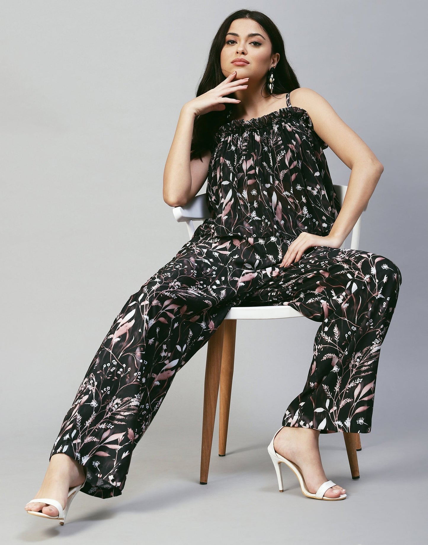 Black printed Strappy Pyjama Set