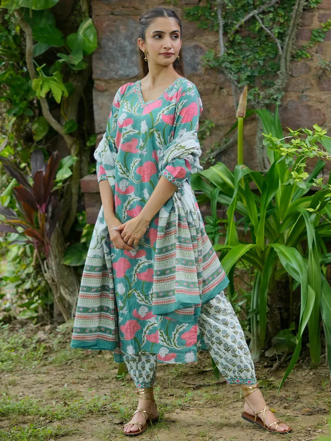 Gerua Turquoise Printed Cotton Straight Suit With Dupatta