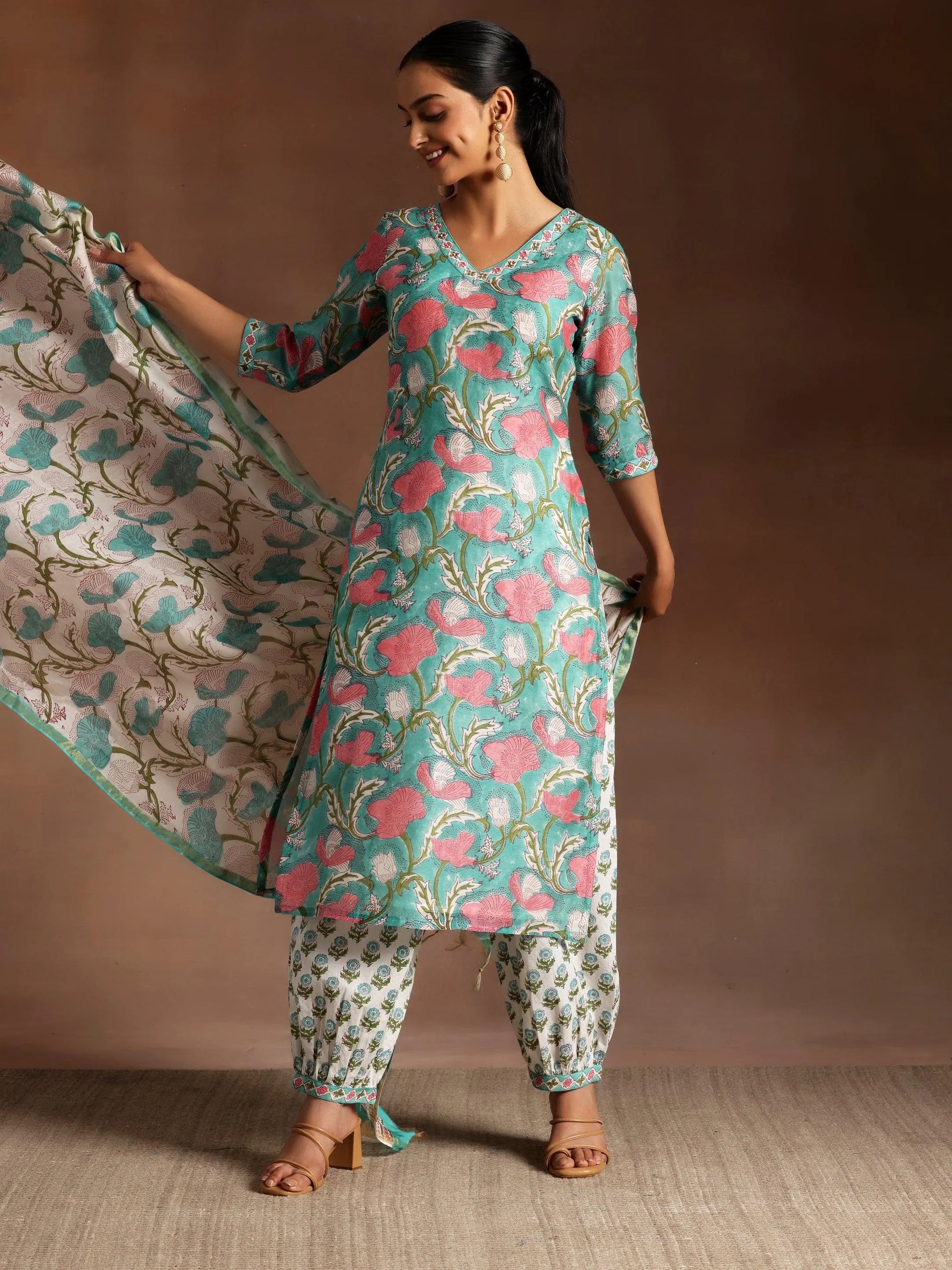 Gerua Turquoise Printed Cotton Straight Suit With Dupatta