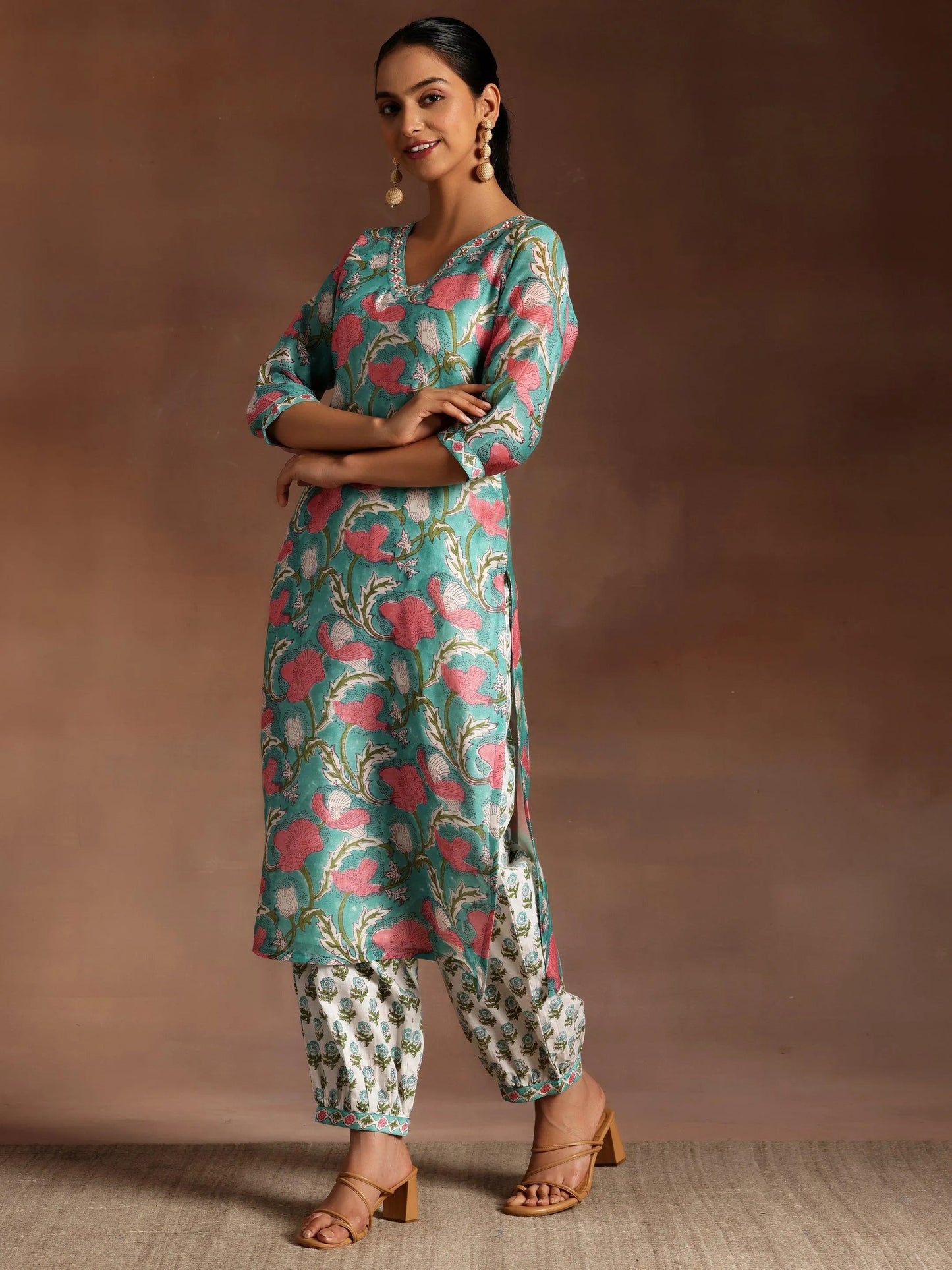 Gerua Turquoise Printed Cotton Straight Suit With Dupatta