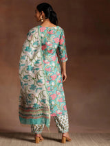 Gerua Turquoise Printed Cotton Straight Suit With Dupatta