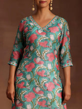 Gerua Turquoise Printed Cotton Straight Suit With Dupatta