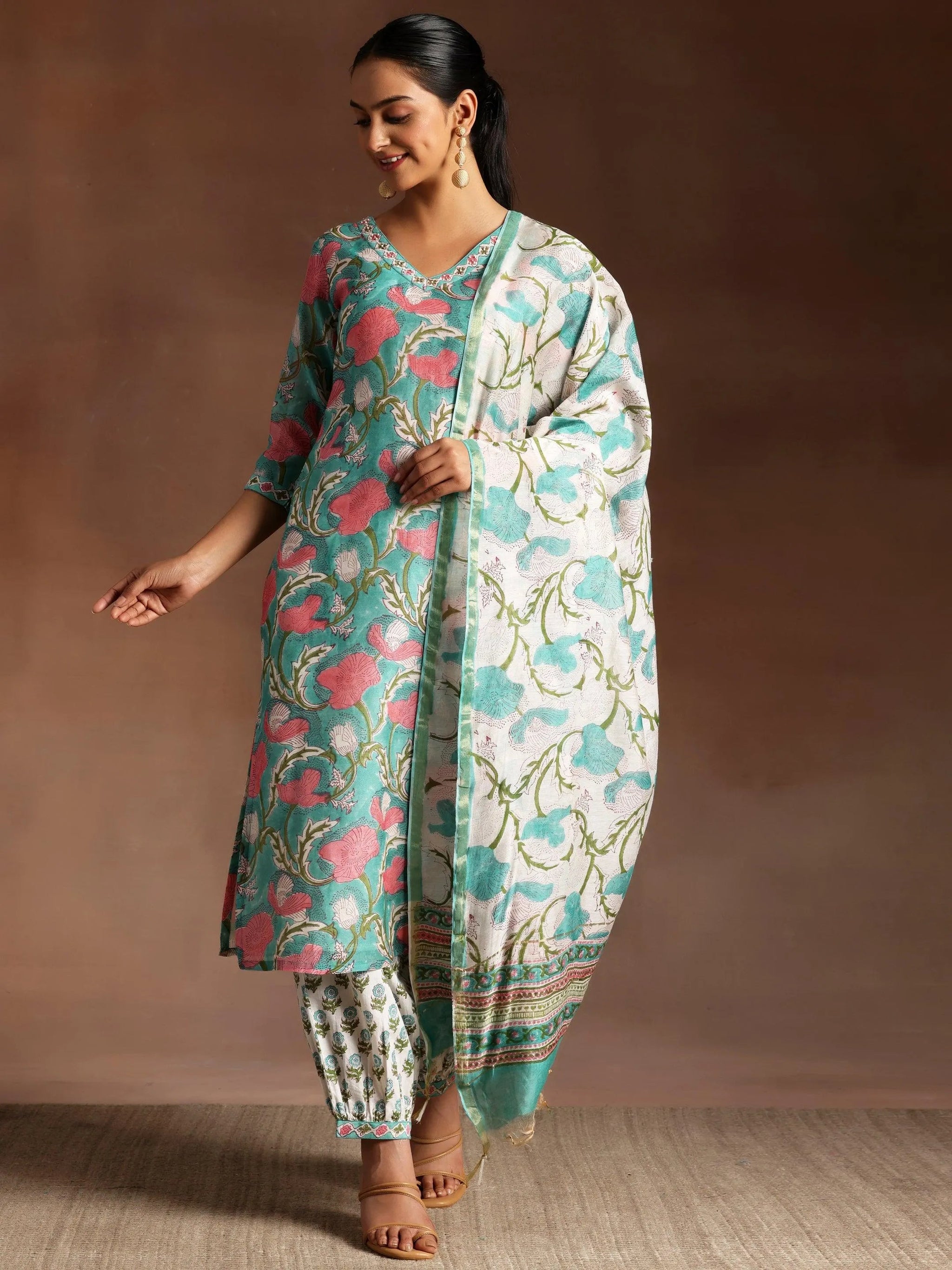 Gerua Turquoise Printed Cotton Straight Suit With Dupatta
