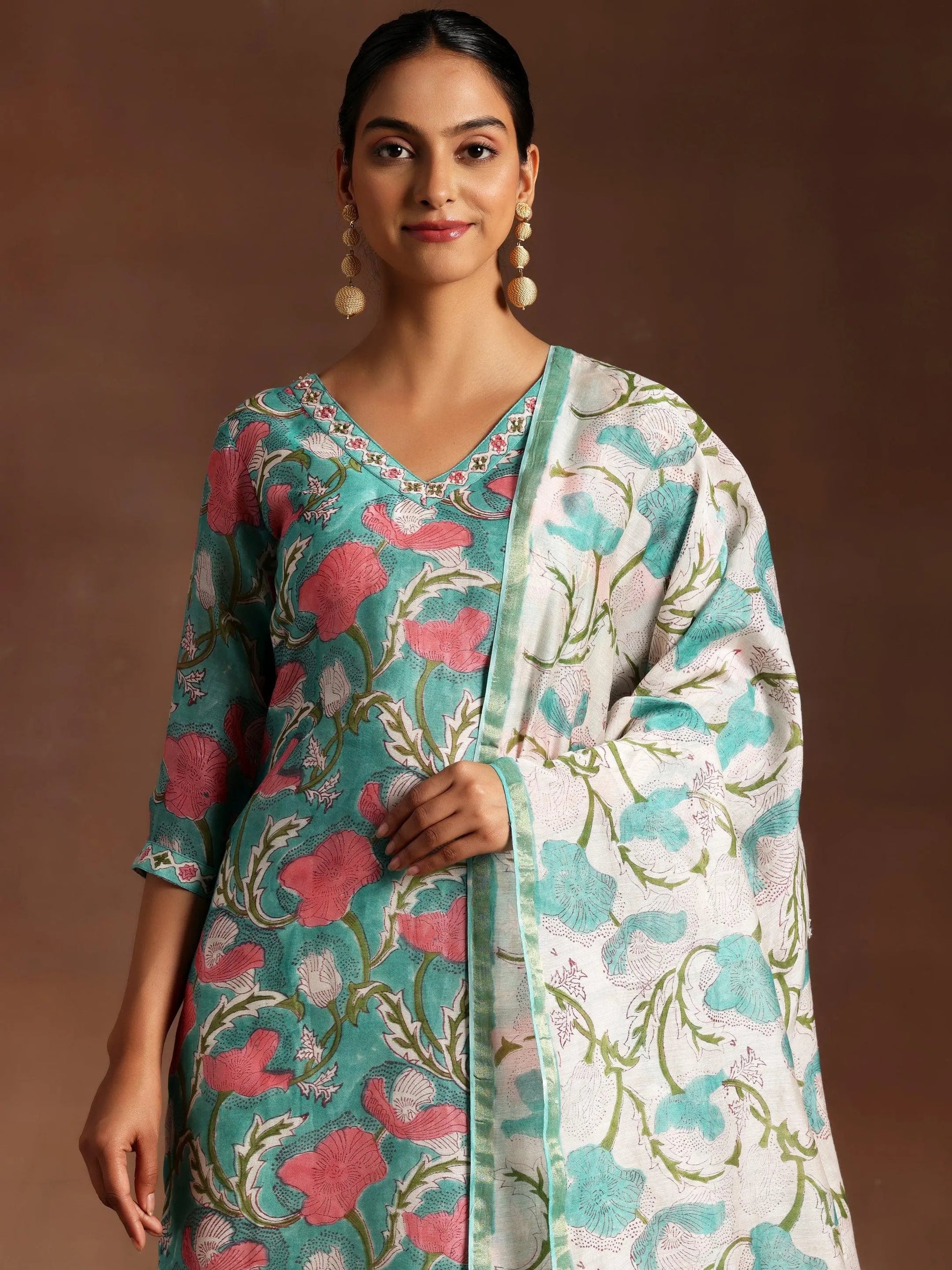 Gerua Turquoise Printed Cotton Straight Suit With Dupatta