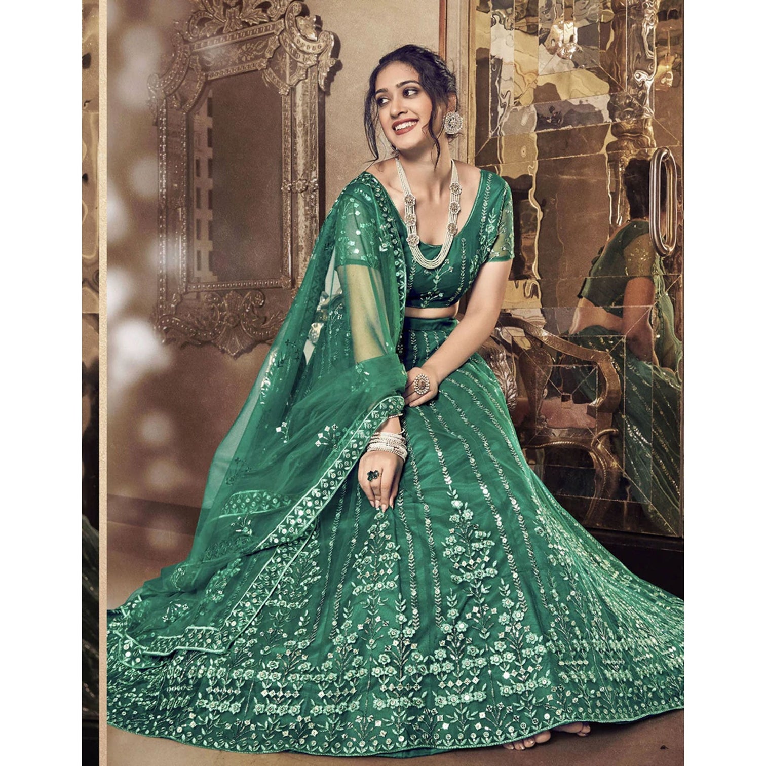 Light Rama Thread and Foil Mirror Cutwork Lehenga choli