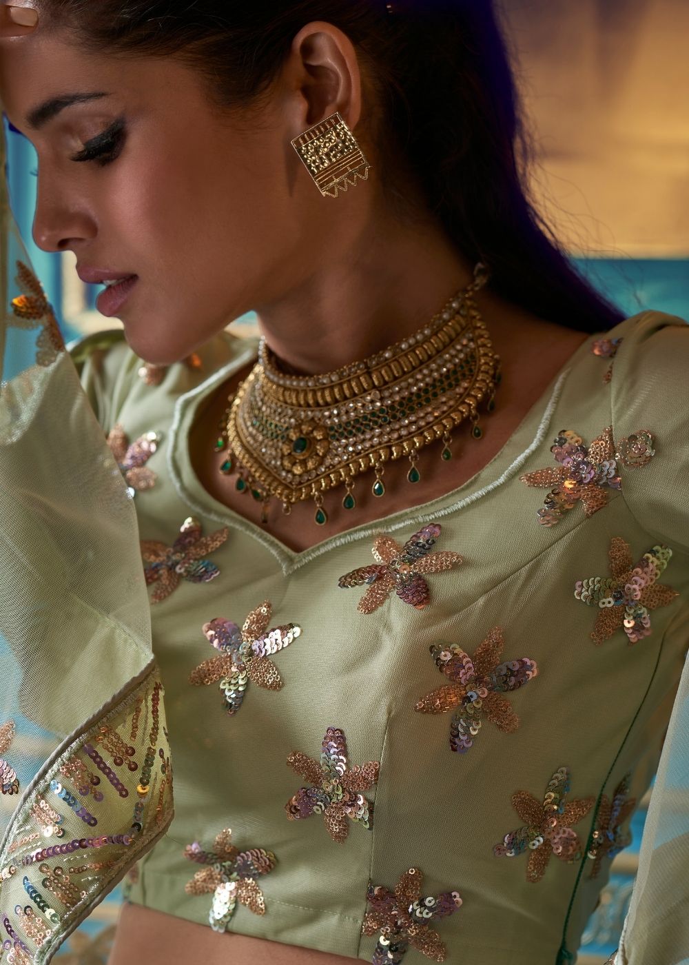Pistachio Green Designer Soft Net Lehenga Choli with Sequin and Thread work