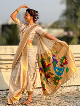 White Wedding Special Nauvari Paithani Soft Silk Saree with Zari Woven Polka Motifs and Peacock Pallu