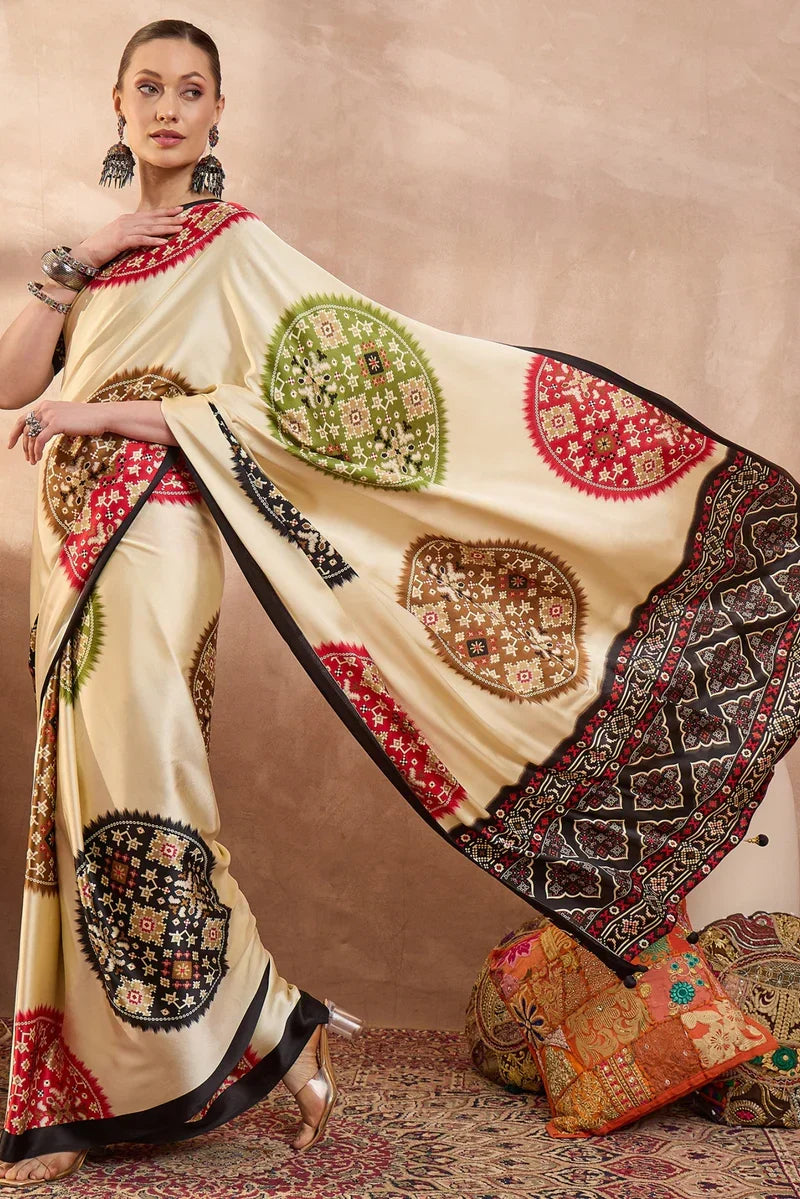 Ivory cream modal silk saree with patola inspired multicolor print black designer pallu festive traditional wear saree