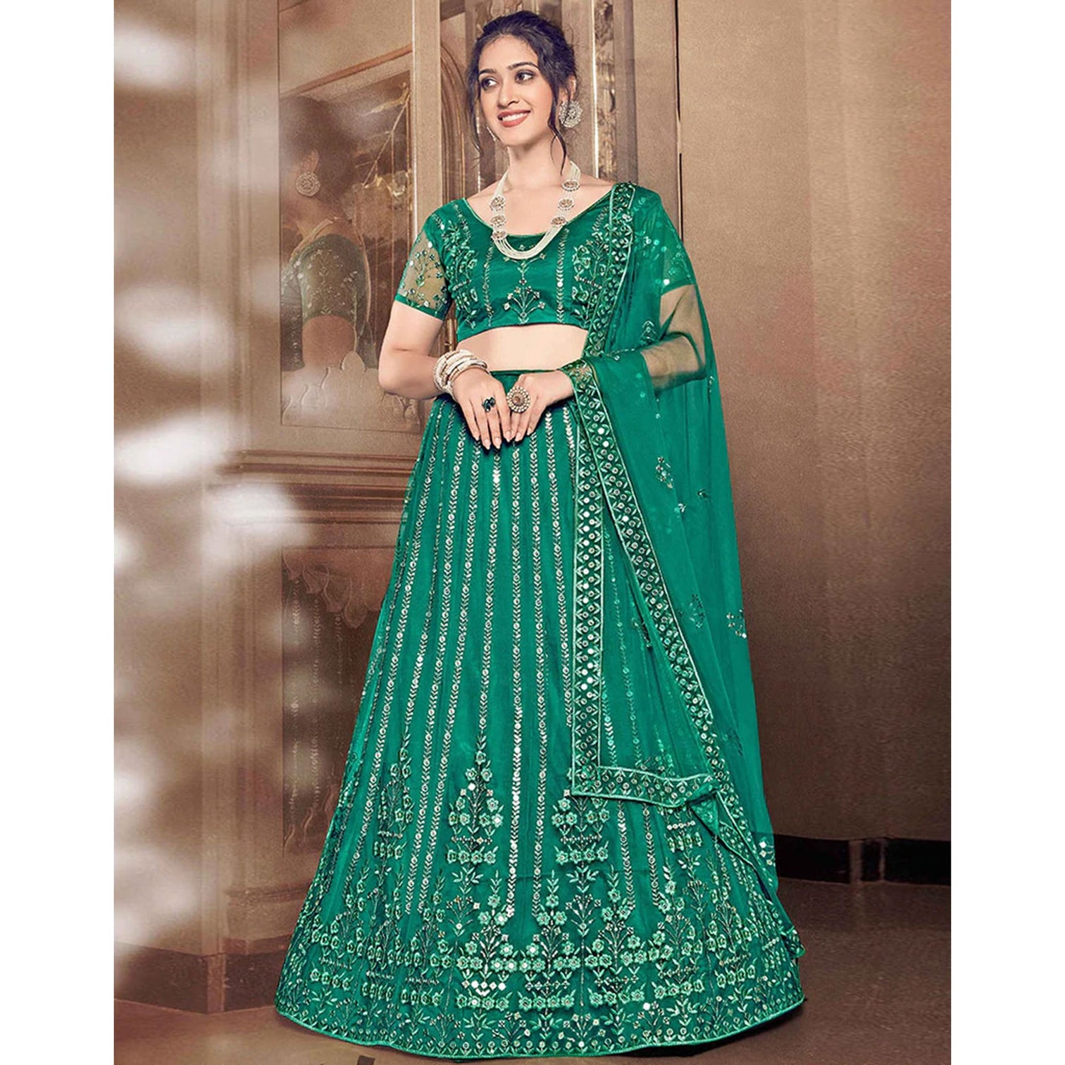Light Rama Thread and Foil Mirror Cutwork Lehenga choli