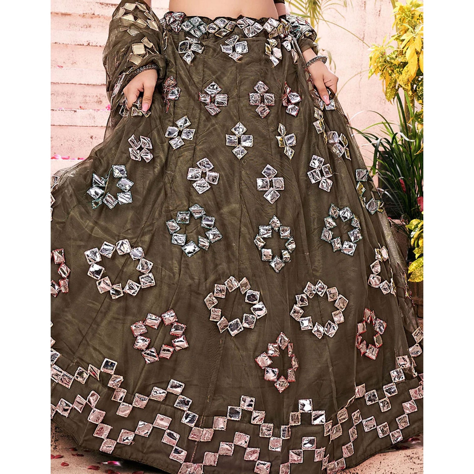 Dark Green Foil Mirror and Thread Work Lehenga choli