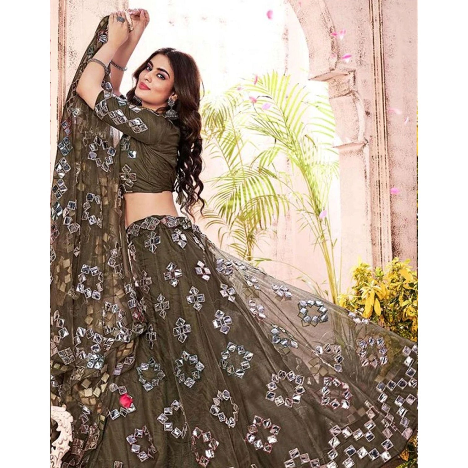 Dark Green Foil Mirror and Thread Work Lehenga choli