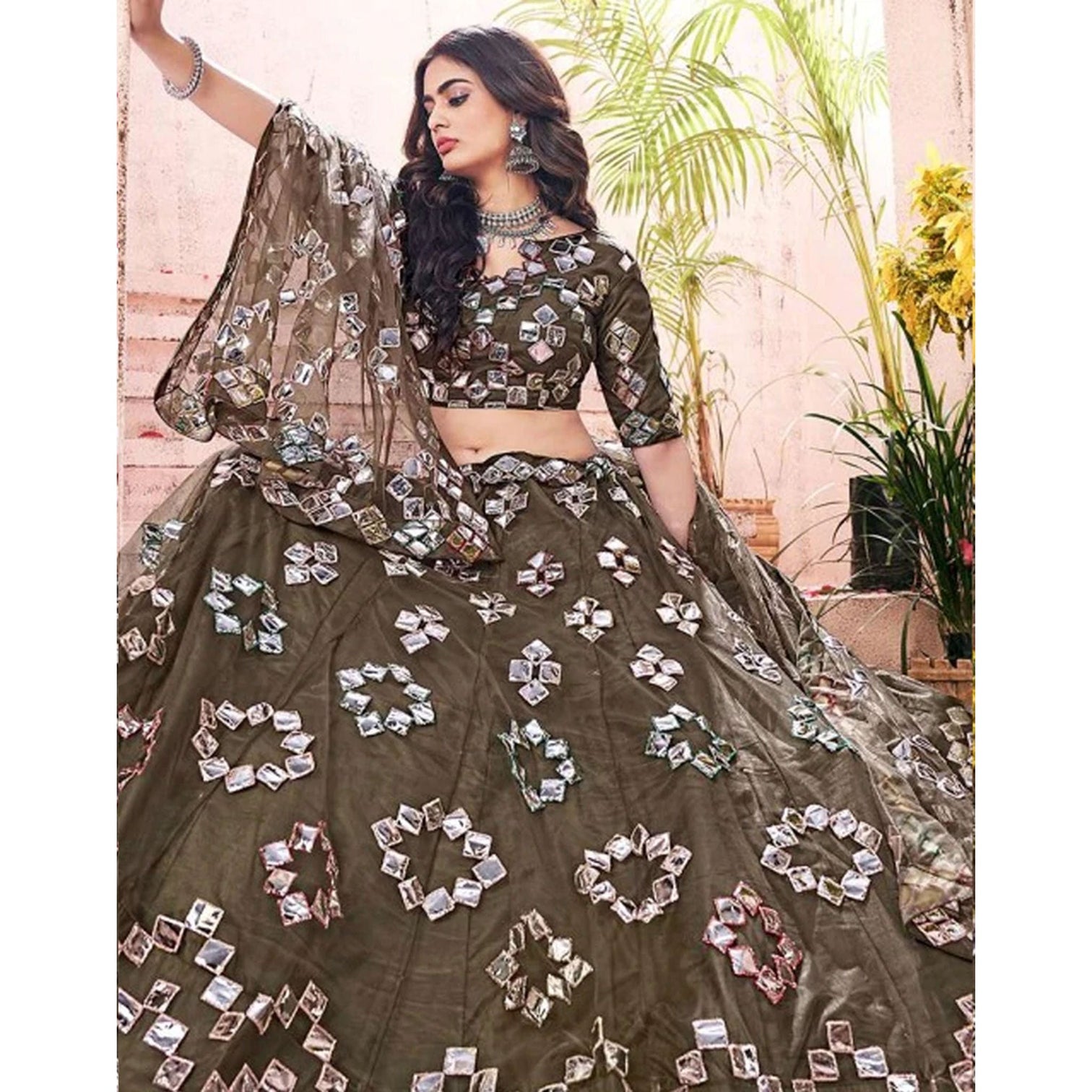 Dark Green Foil Mirror and Thread Work Lehenga choli