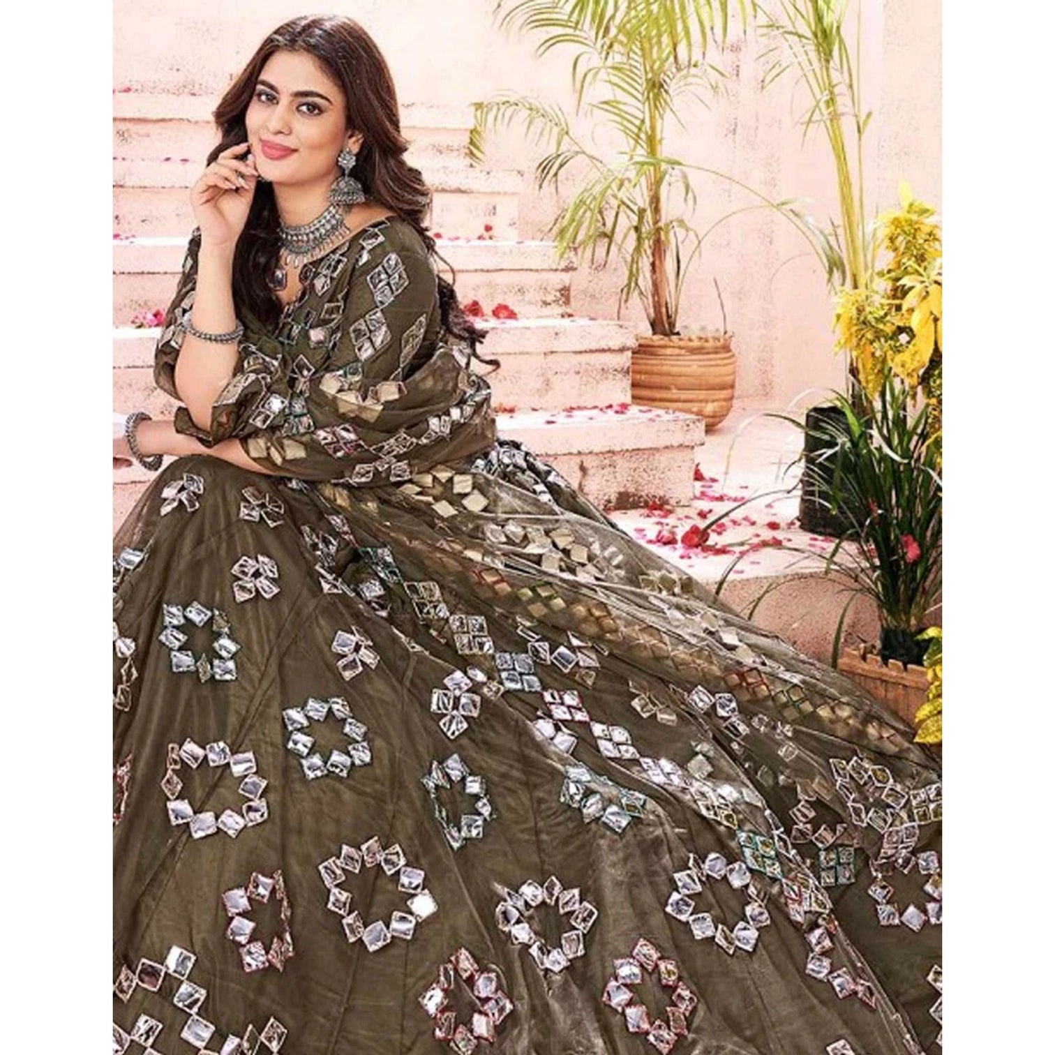 Dark Green Foil Mirror and Thread Work Lehenga choli