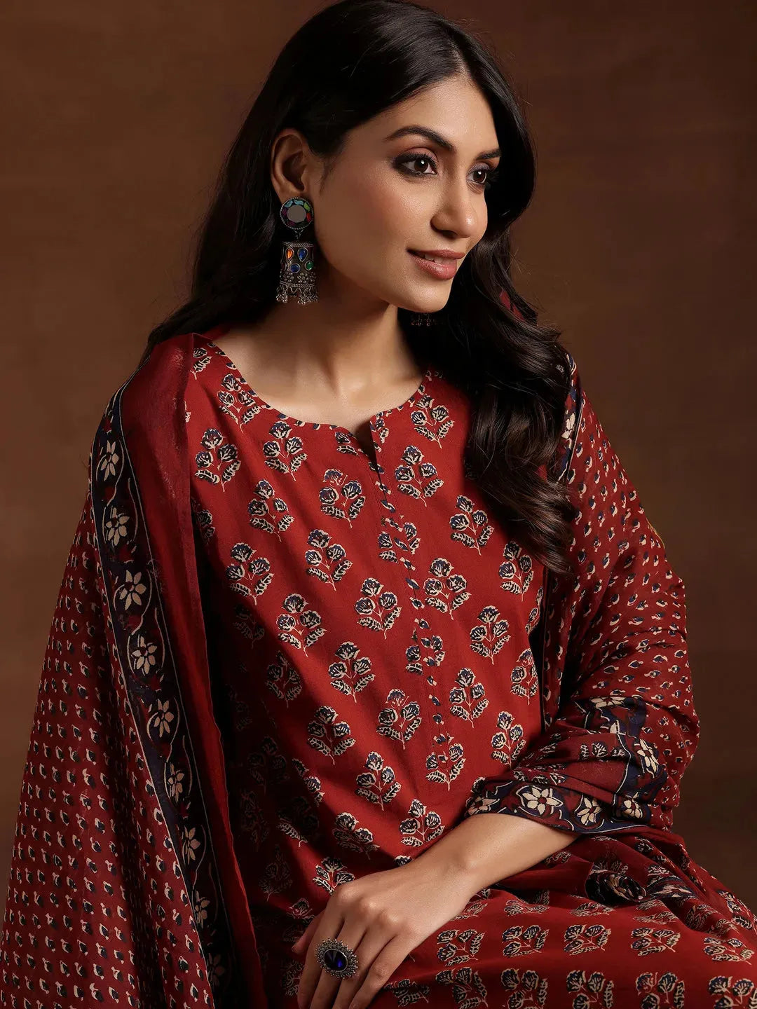 Mameraa Rust Printed Cotton Straight Suit With Dupatta
