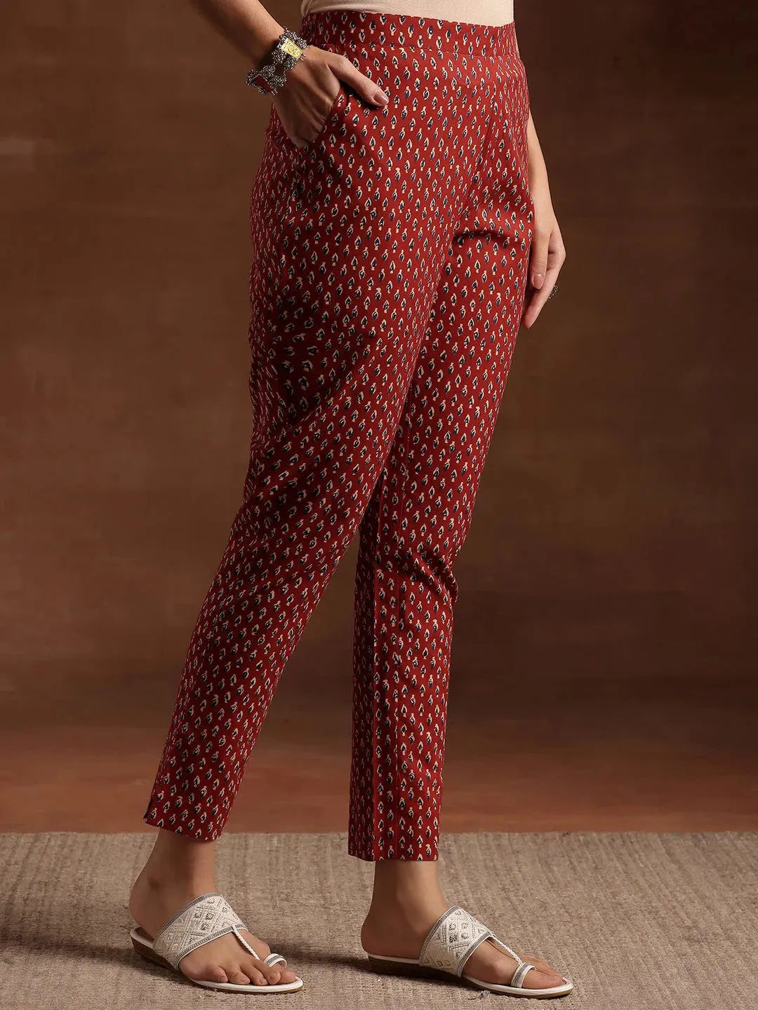 Mameraa Rust Printed Cotton Straight Suit With Dupatta