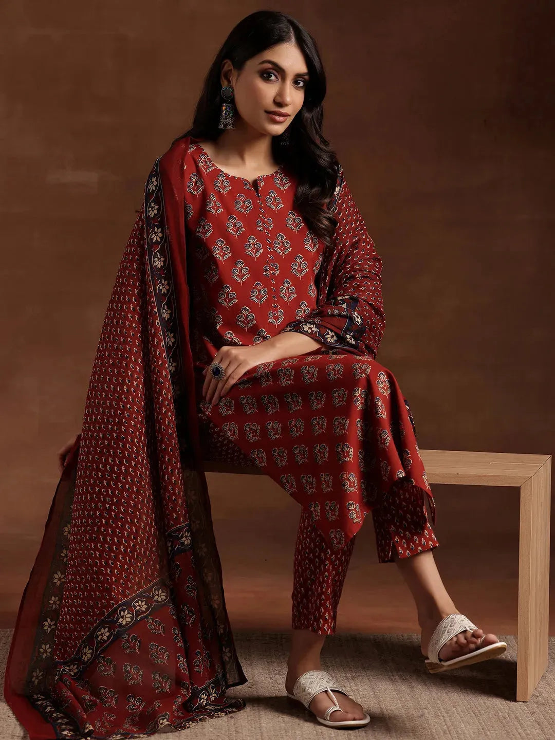 Mameraa Rust Printed Cotton Straight Suit With Dupatta