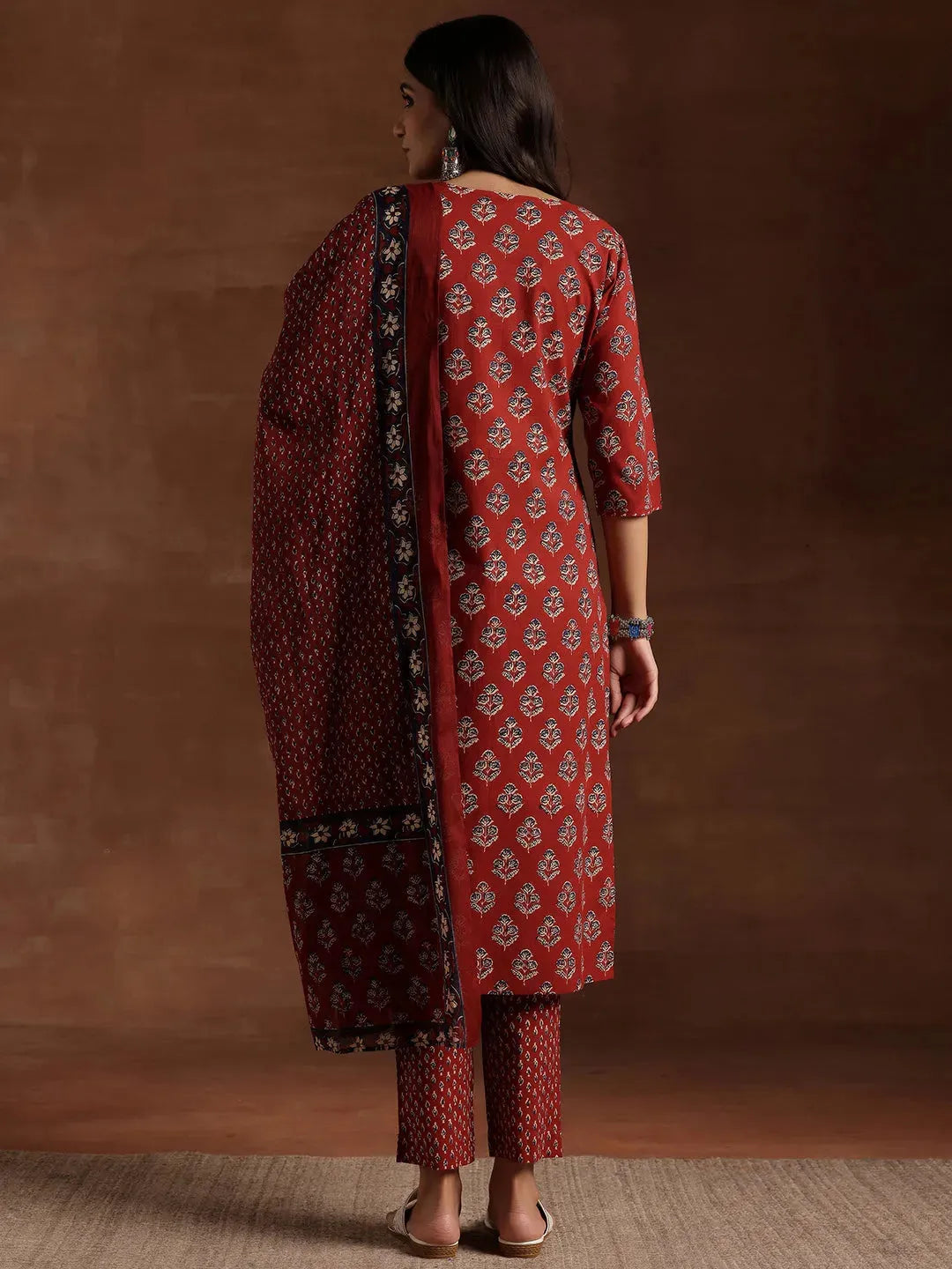 Mameraa Rust Printed Cotton Straight Suit With Dupatta