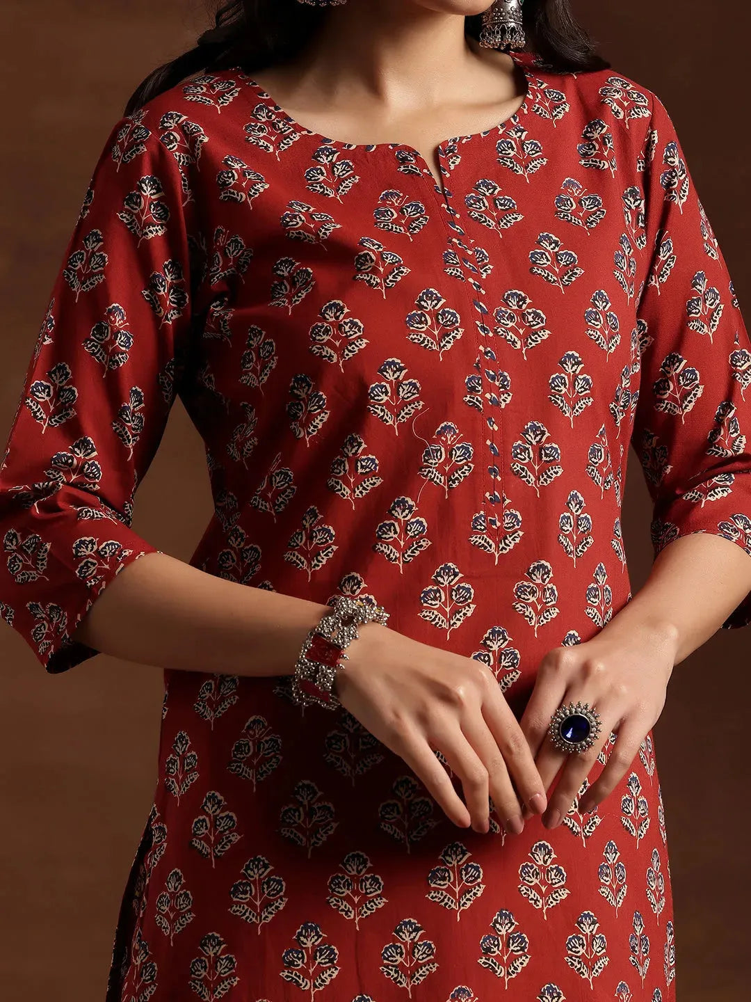 Mameraa Rust Printed Cotton Straight Suit With Dupatta