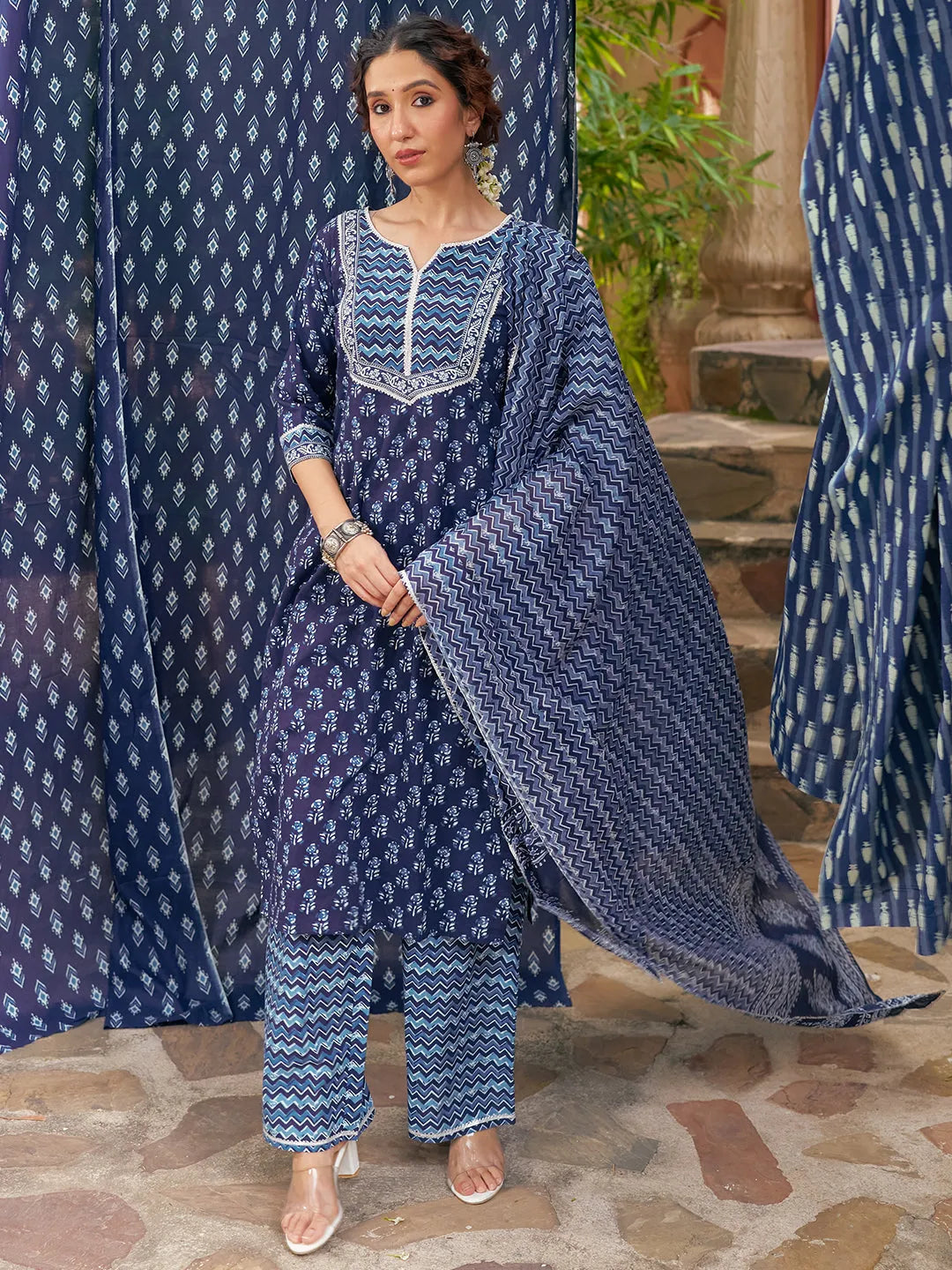 Libas Indigo Printed Cotton Straight Suit With Dupatta