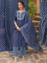 Libas Indigo Printed Cotton Straight Suit With Dupatta