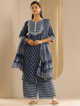 Libas Indigo Printed Cotton Straight Suit With Dupatta