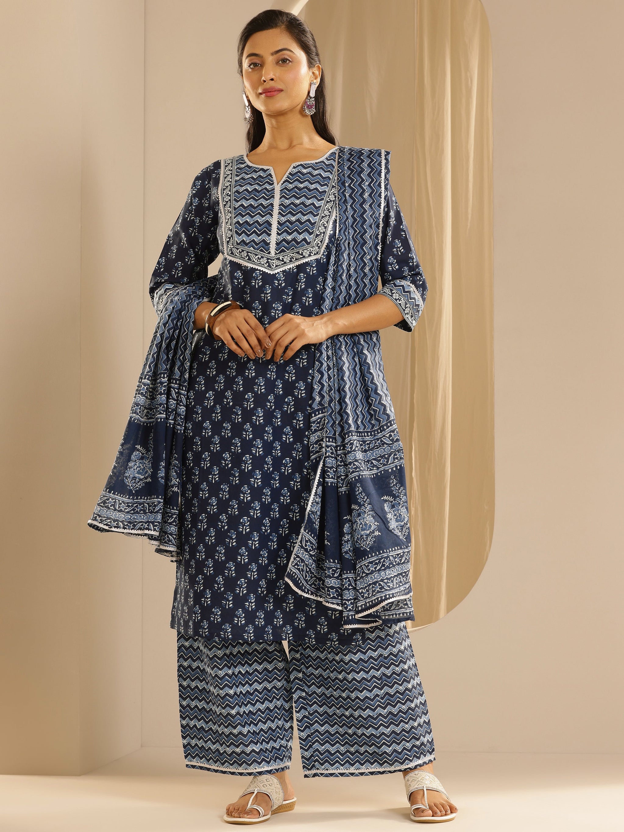 Libas Indigo Printed Cotton Straight Suit With Dupatta