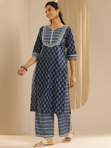 Libas Indigo Printed Cotton Straight Suit With Dupatta