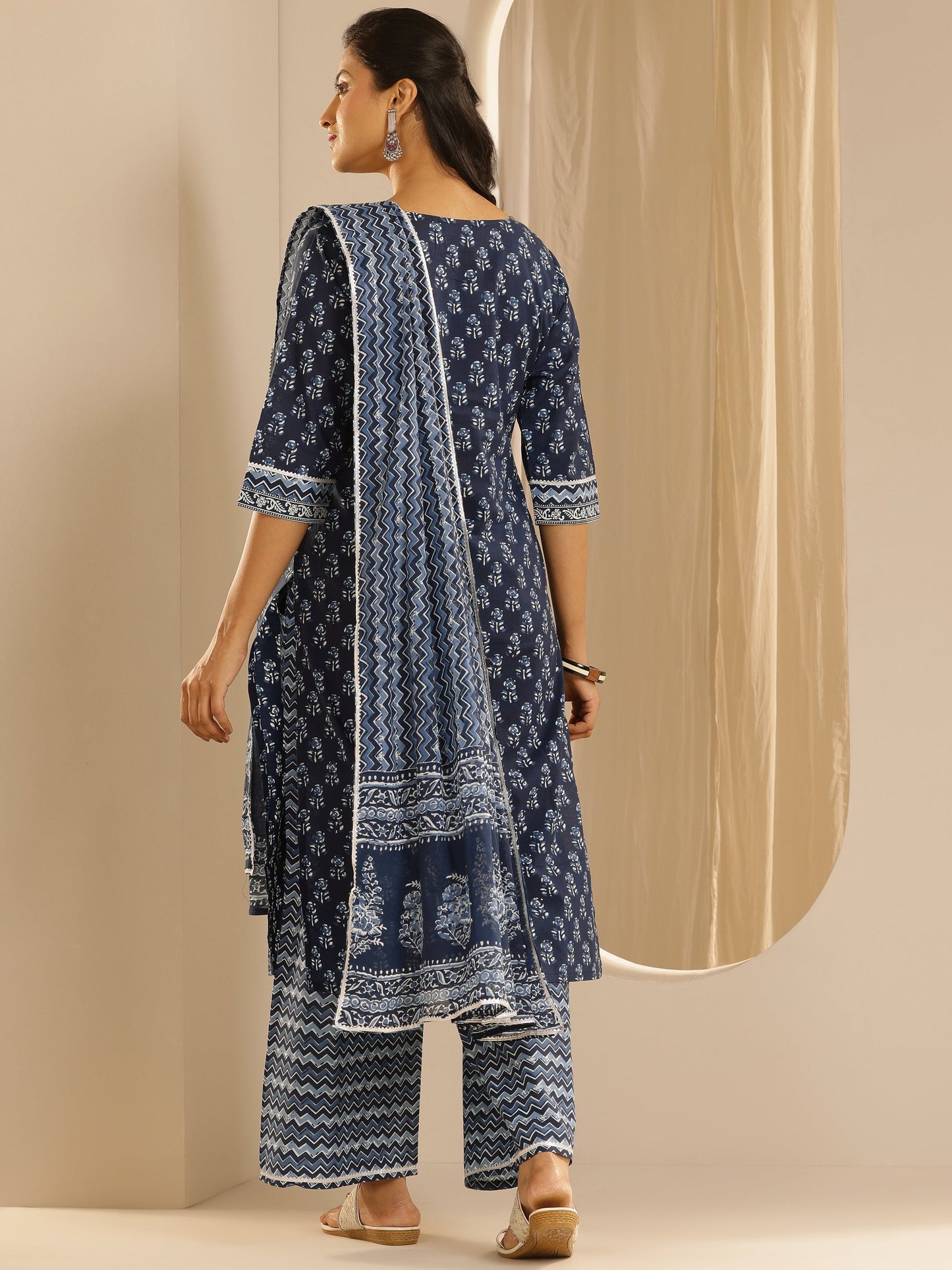 Libas Indigo Printed Cotton Straight Suit With Dupatta