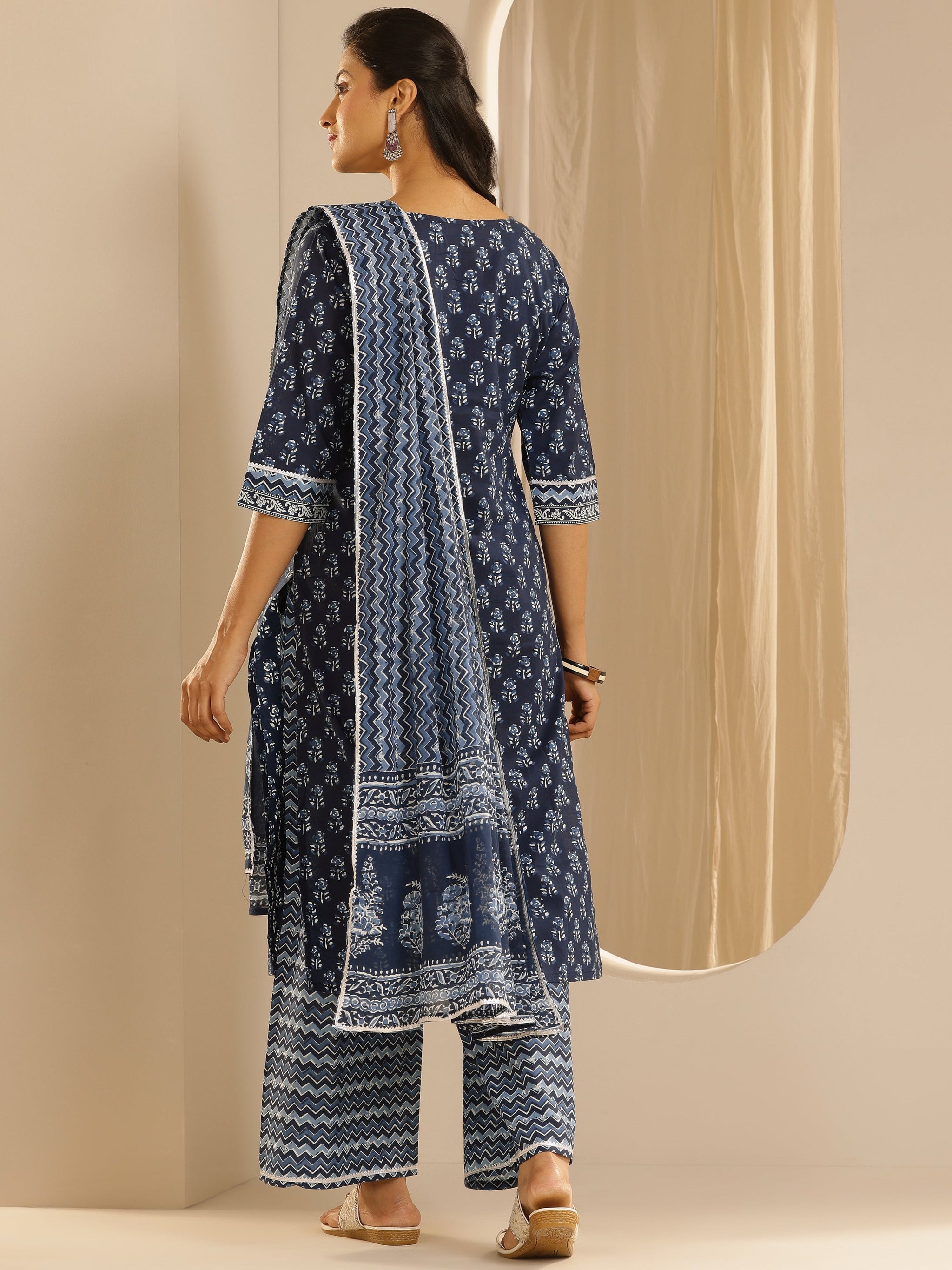 Libas Indigo Printed Cotton Straight Suit With Dupatta