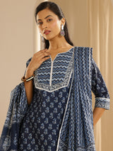 Libas Indigo Printed Cotton Straight Suit With Dupatta