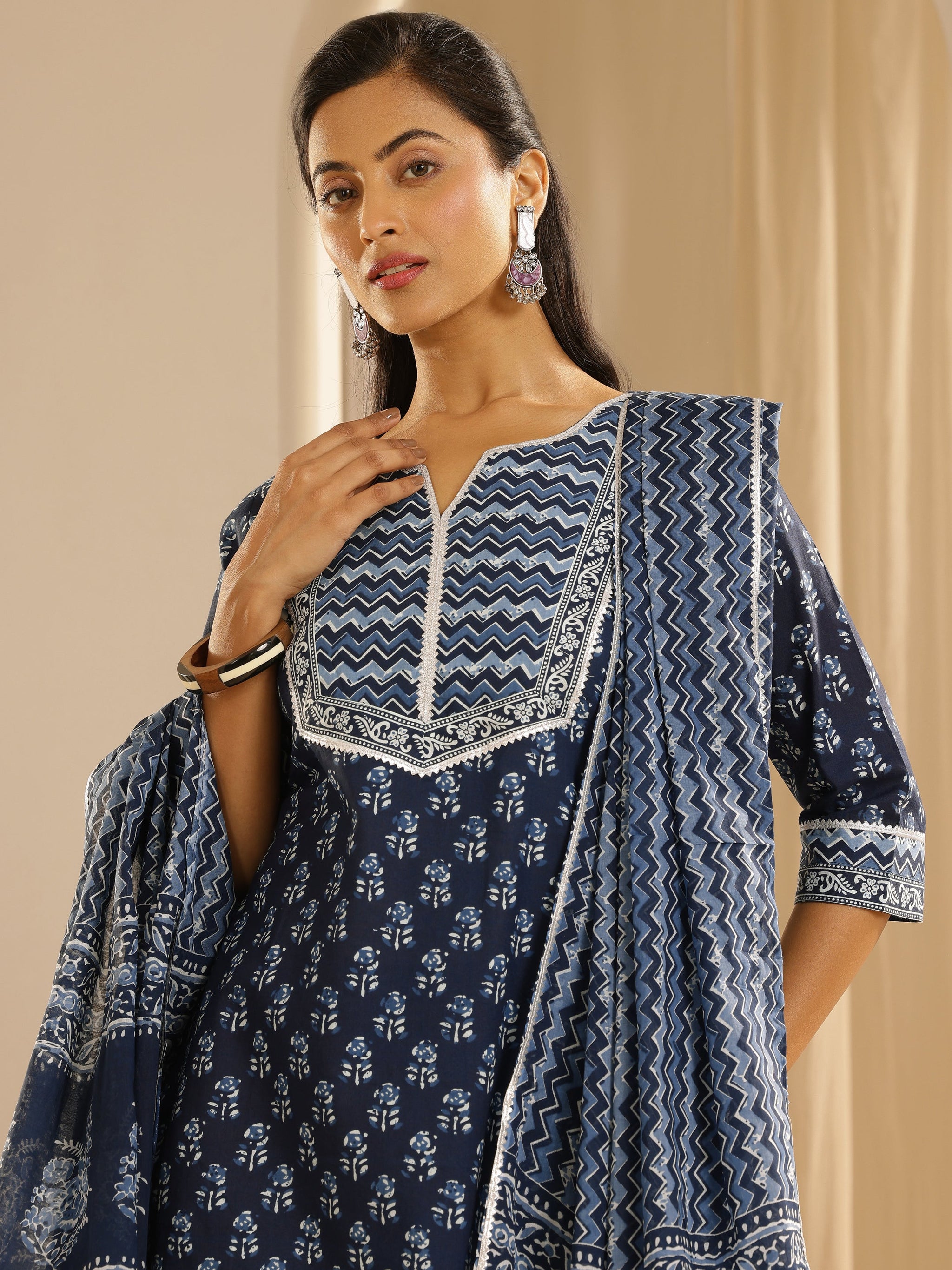 Libas Indigo Printed Cotton Straight Suit With Dupatta