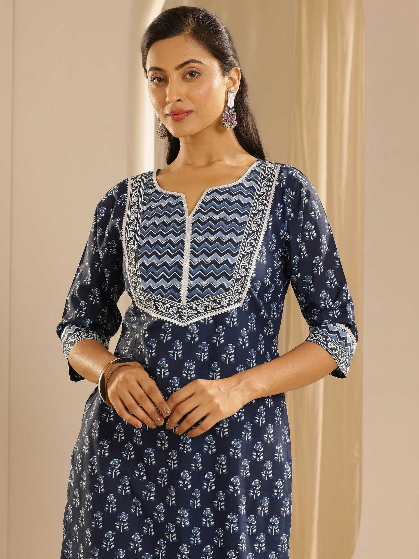 Libas Indigo Printed Cotton Straight Suit With Dupatta