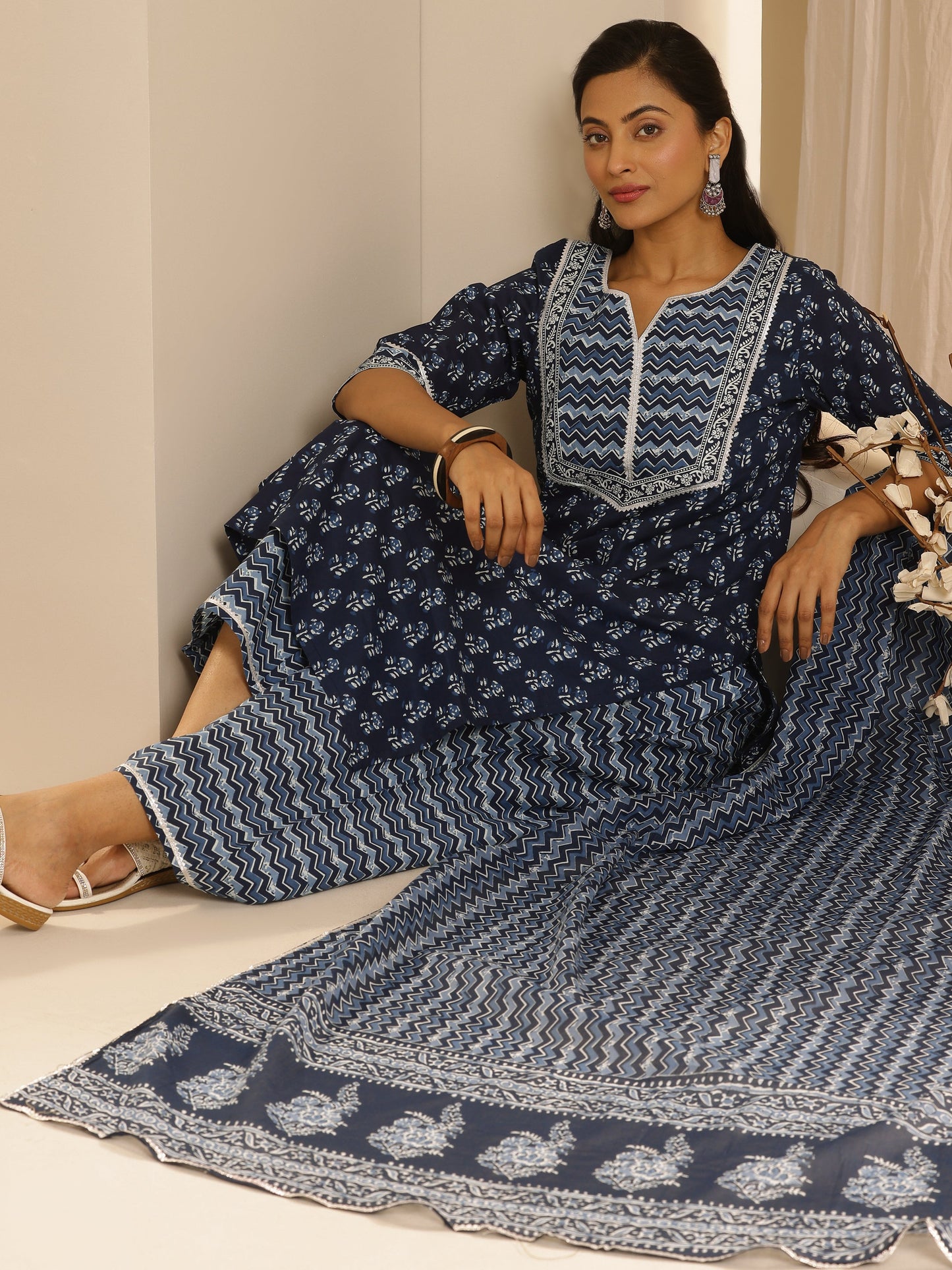 Libas Indigo Printed Cotton Straight Suit With Dupatta