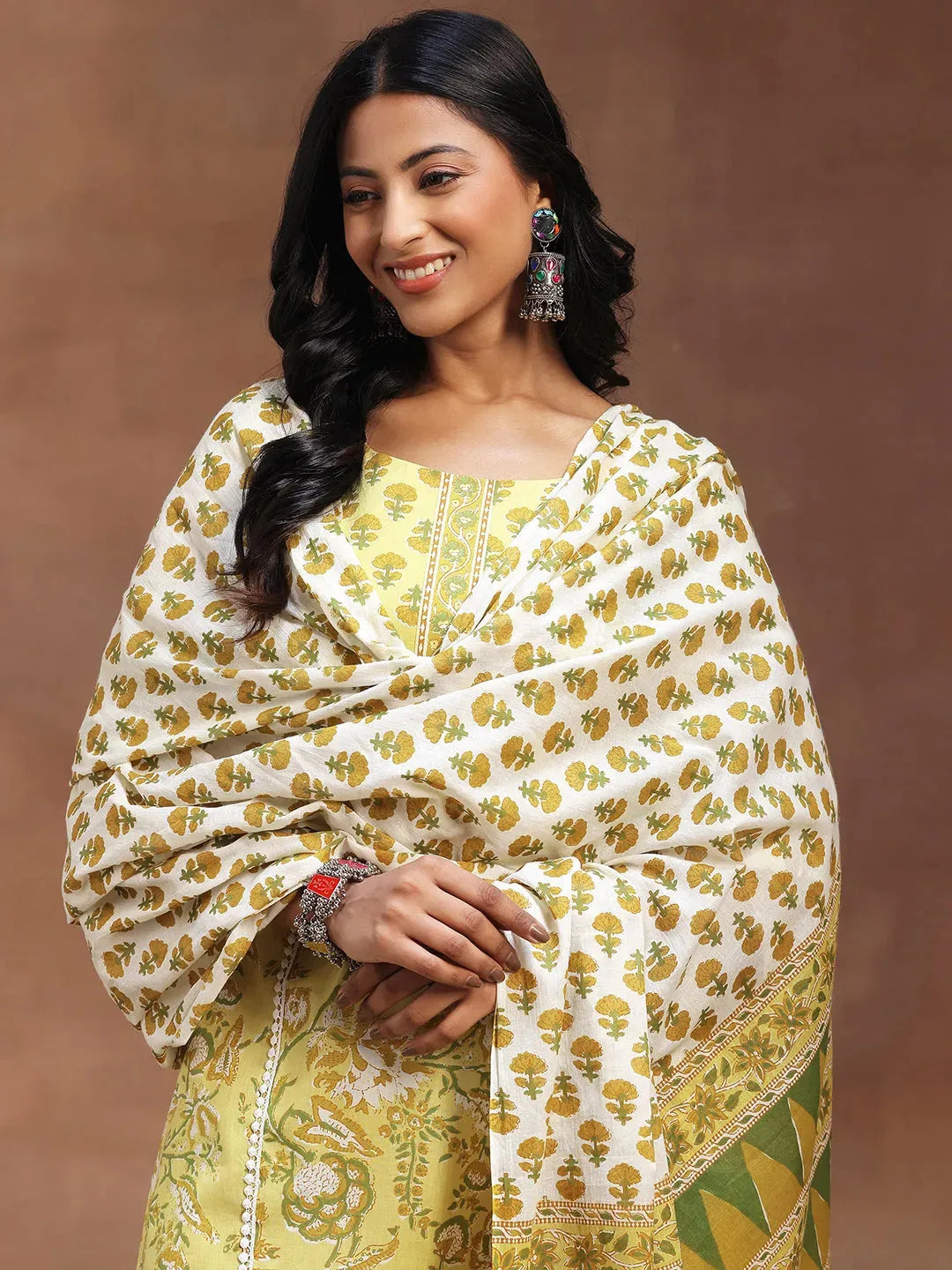 Mameraa Yellow Printed Cotton Straight Suit With Dupatta