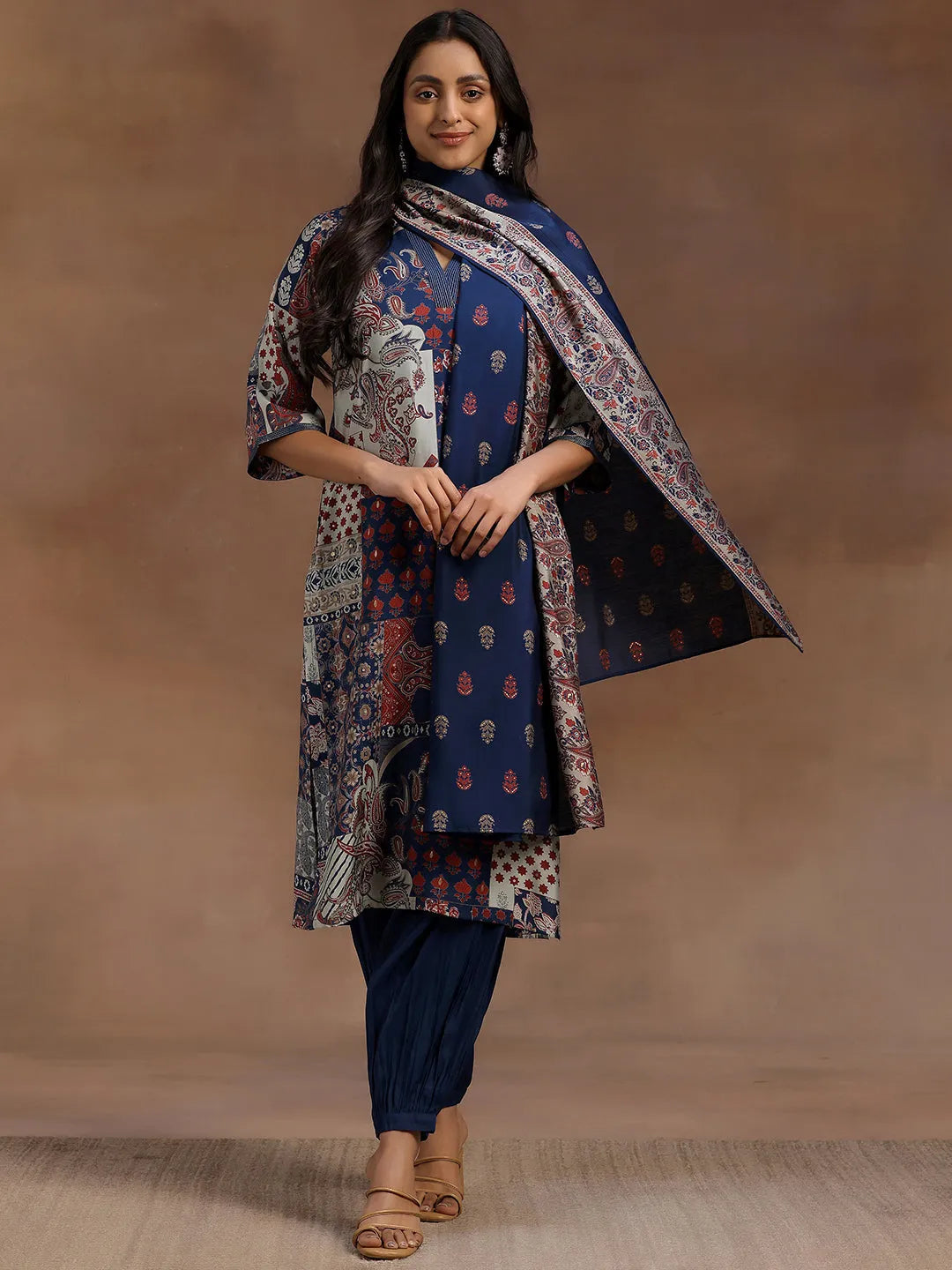 Gerua Blue Printed Silk Blend Straight Suit With Dupatta