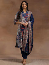 Gerua Blue Printed Silk Blend Straight Suit With Dupatta