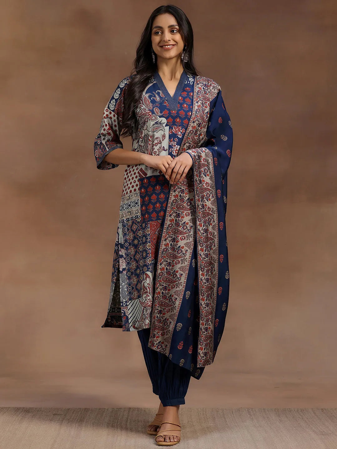 Gerua Blue Printed Silk Blend Straight Suit With Dupatta
