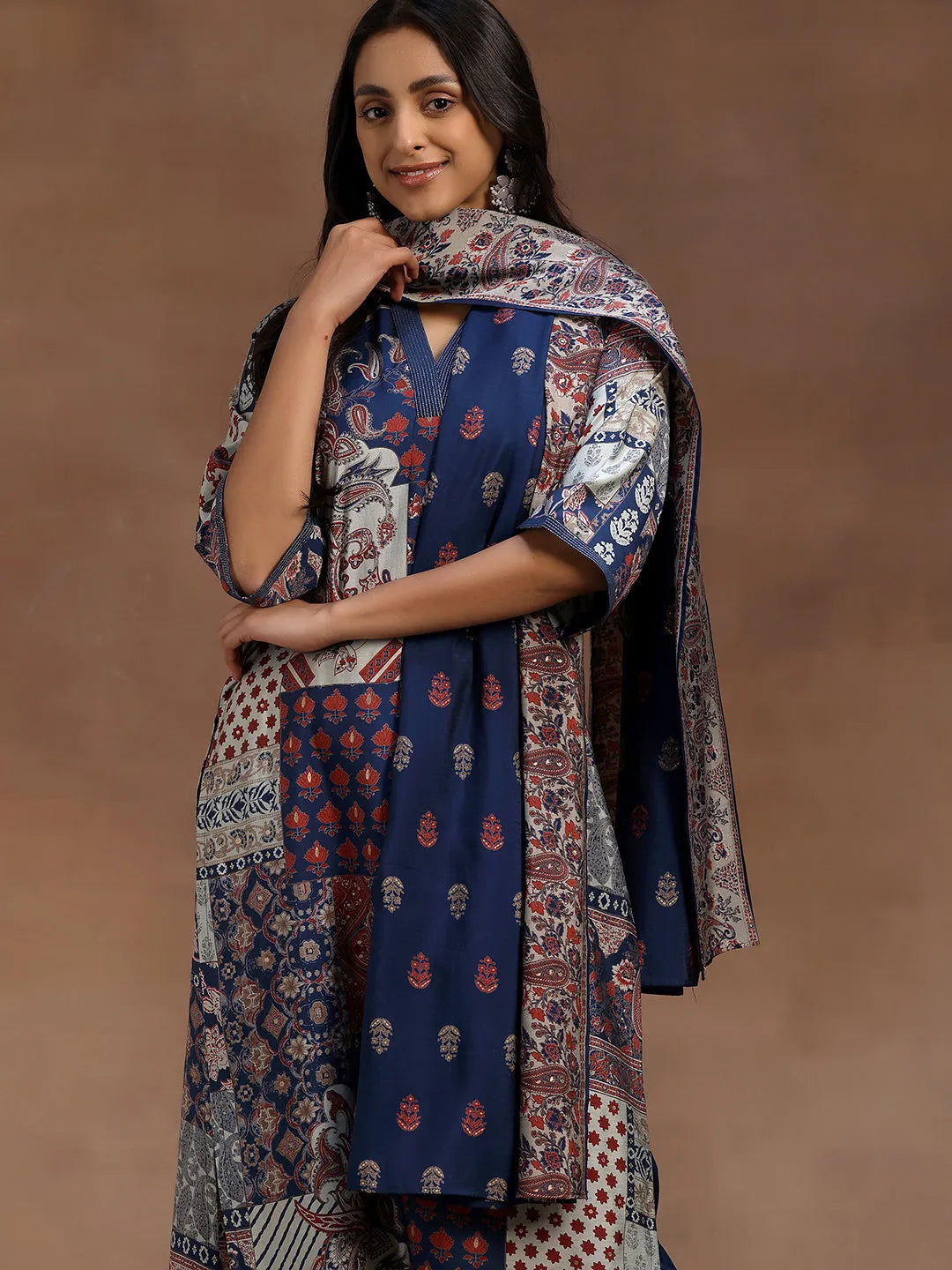 Gerua Blue Printed Silk Blend Straight Suit With Dupatta