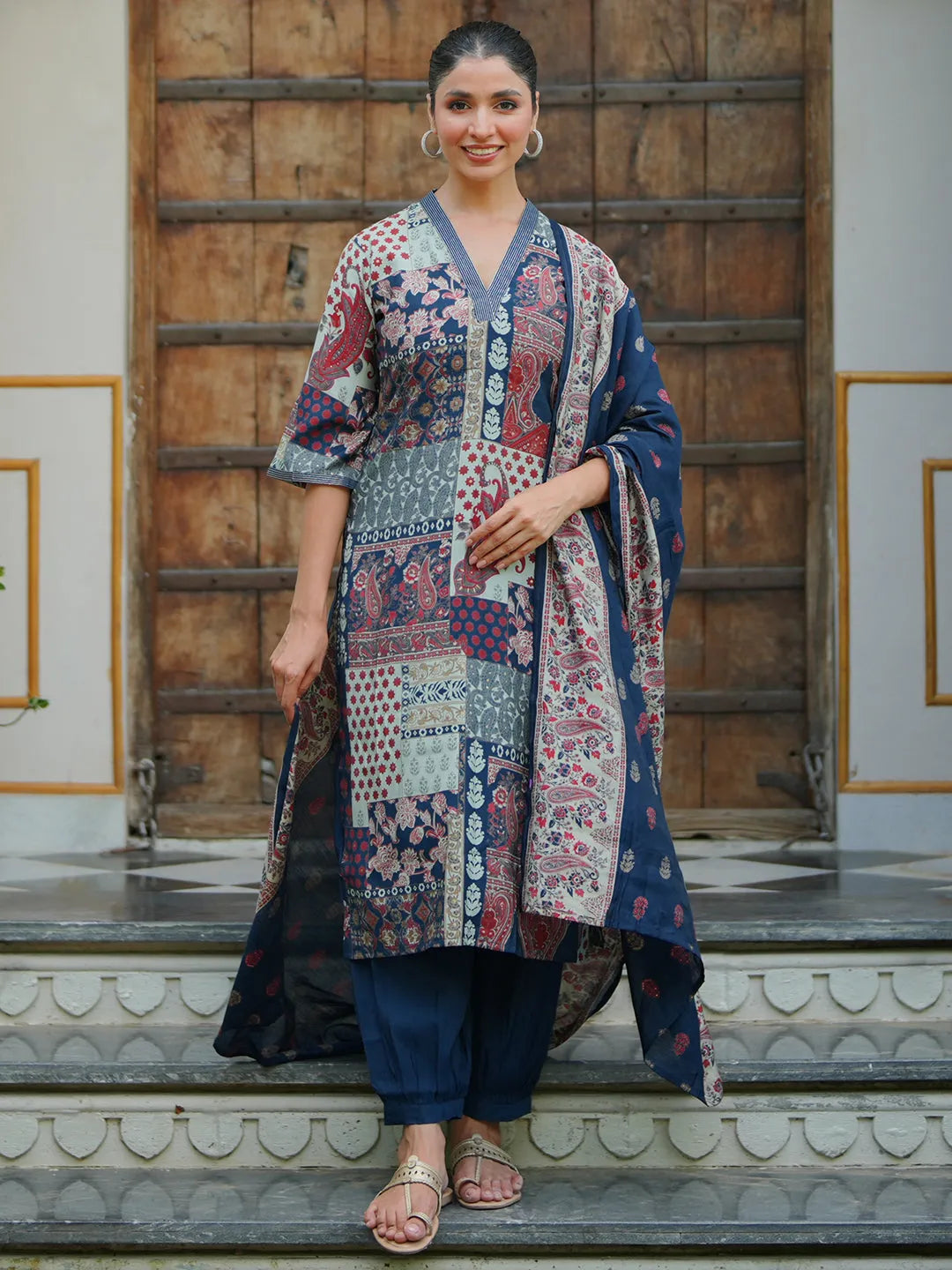 Gerua Blue Printed Silk Blend Straight Suit With Dupatta