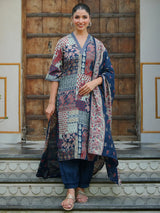 Gerua Blue Printed Silk Blend Straight Suit With Dupatta