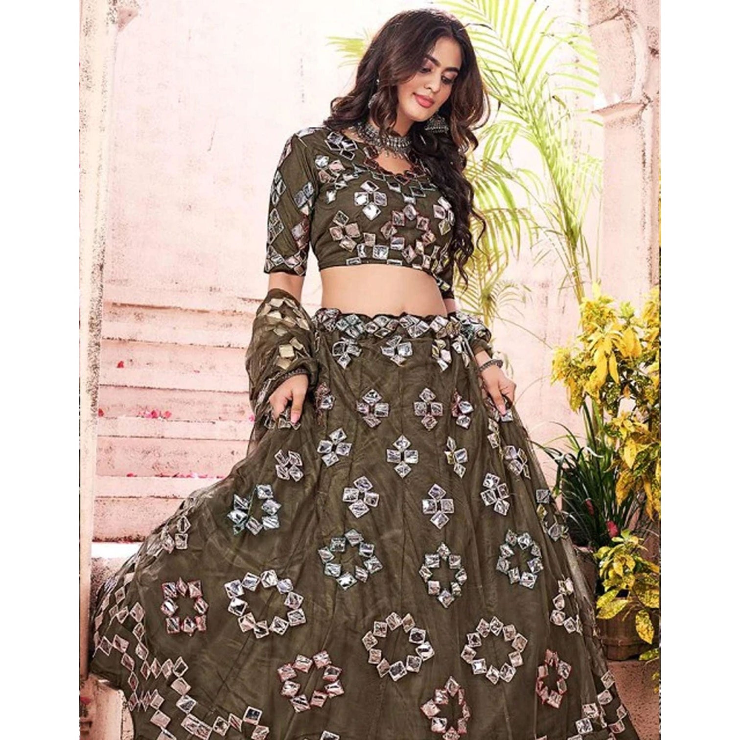 Dark Green Foil Mirror and Thread Work Lehenga choli