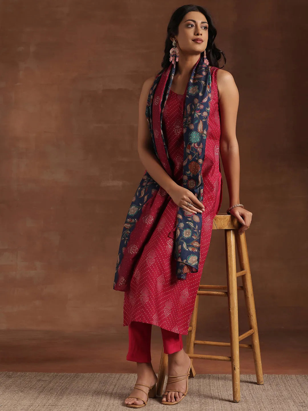 Libas Pink Printed Silk Blend Straight Suit With Dupatta