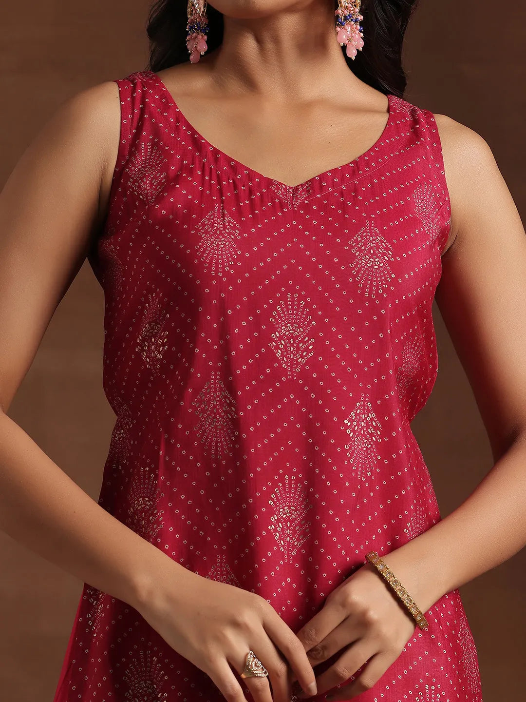 Libas Pink Printed Silk Blend Straight Suit With Dupatta