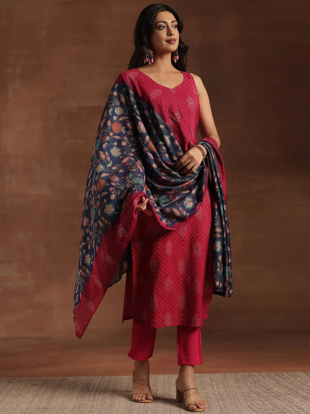 Libas Pink Printed Silk Blend Straight Suit With Dupatta