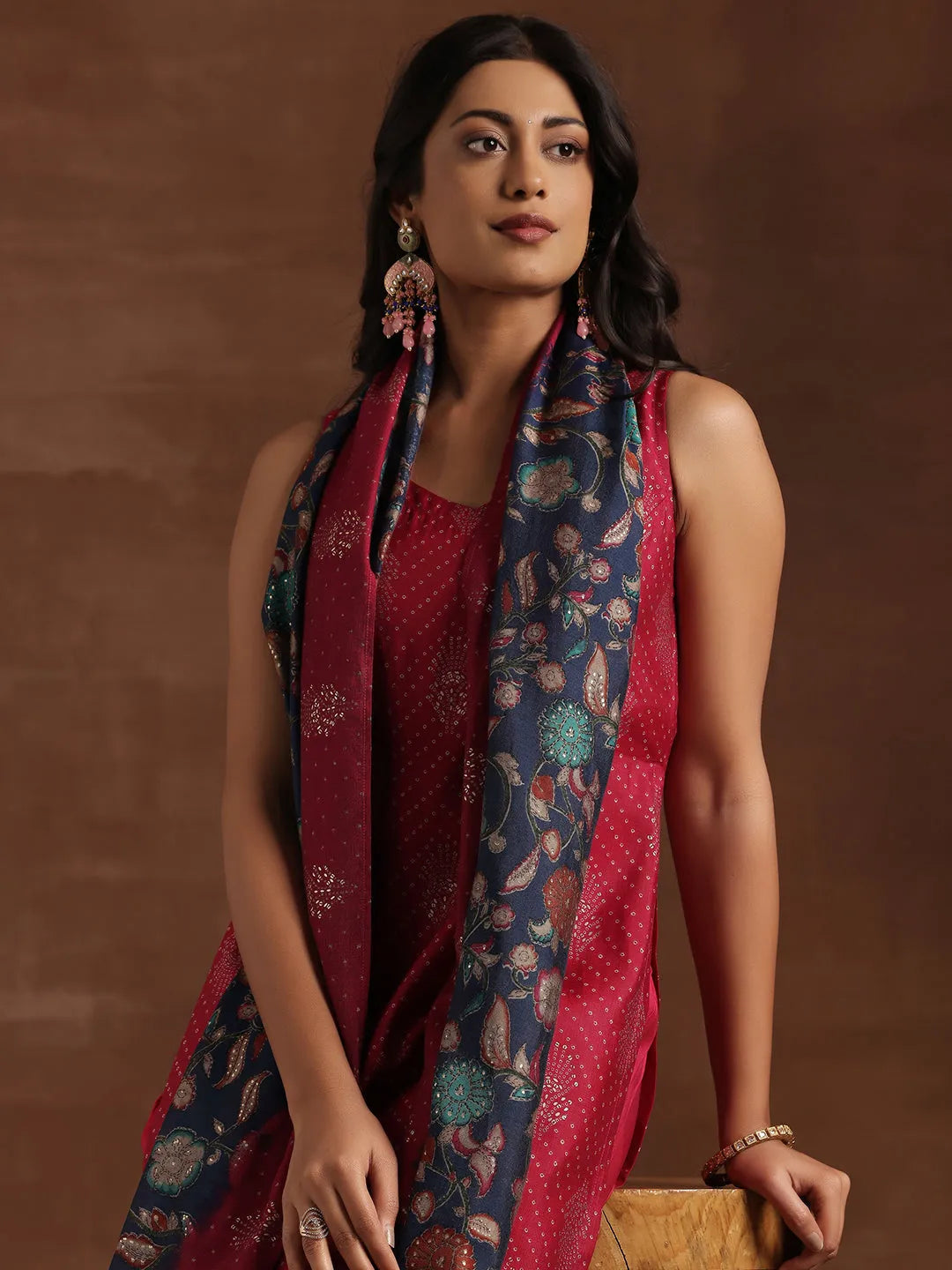 Libas Pink Printed Silk Blend Straight Suit With Dupatta