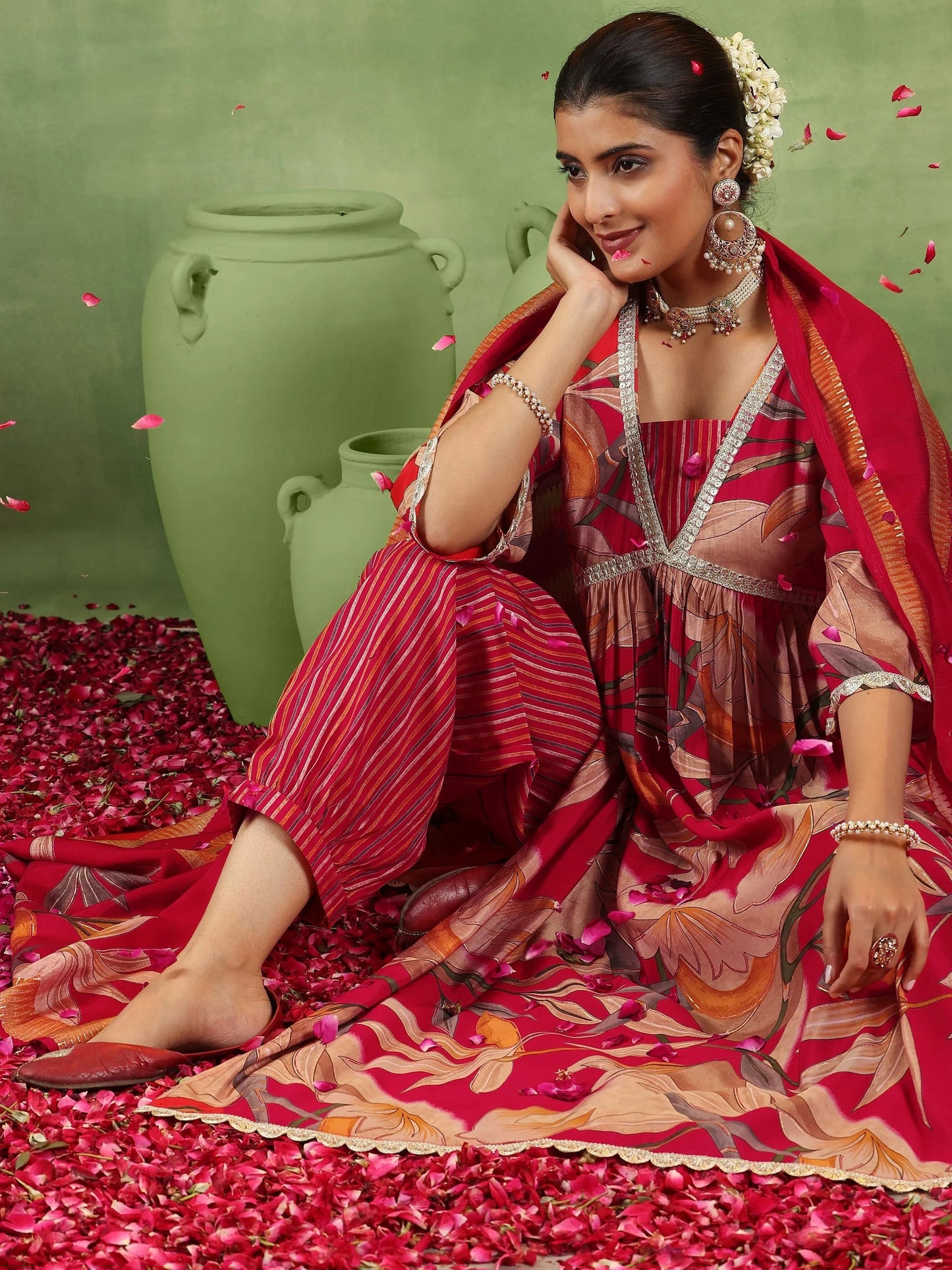 Gerua Red Printed Silk Blend A-Line Kurta With Salwar & Dupatta